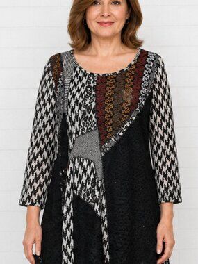 PARIS Large Houndstooth Check Tweed Black Lace Patchwork Boho Tunic Top